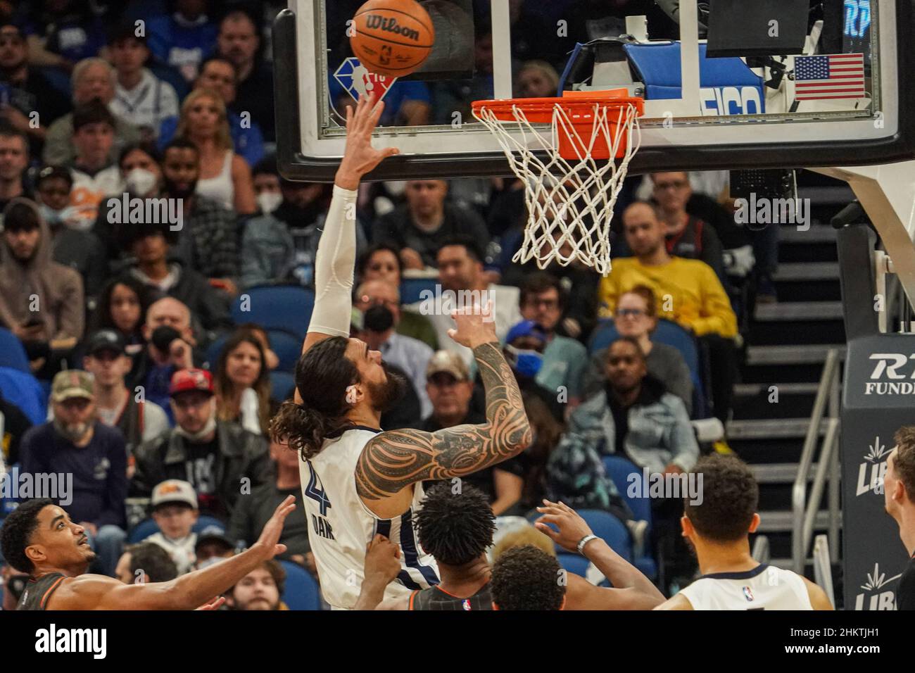 Orlando, Florida, USA, February 5, 2022, Memphis Grizzlies Center Steven Adams #4 attempt to make a basket at the Amway Center.  (Photo Credit:  Marty Jean-Louis) Stock Photo