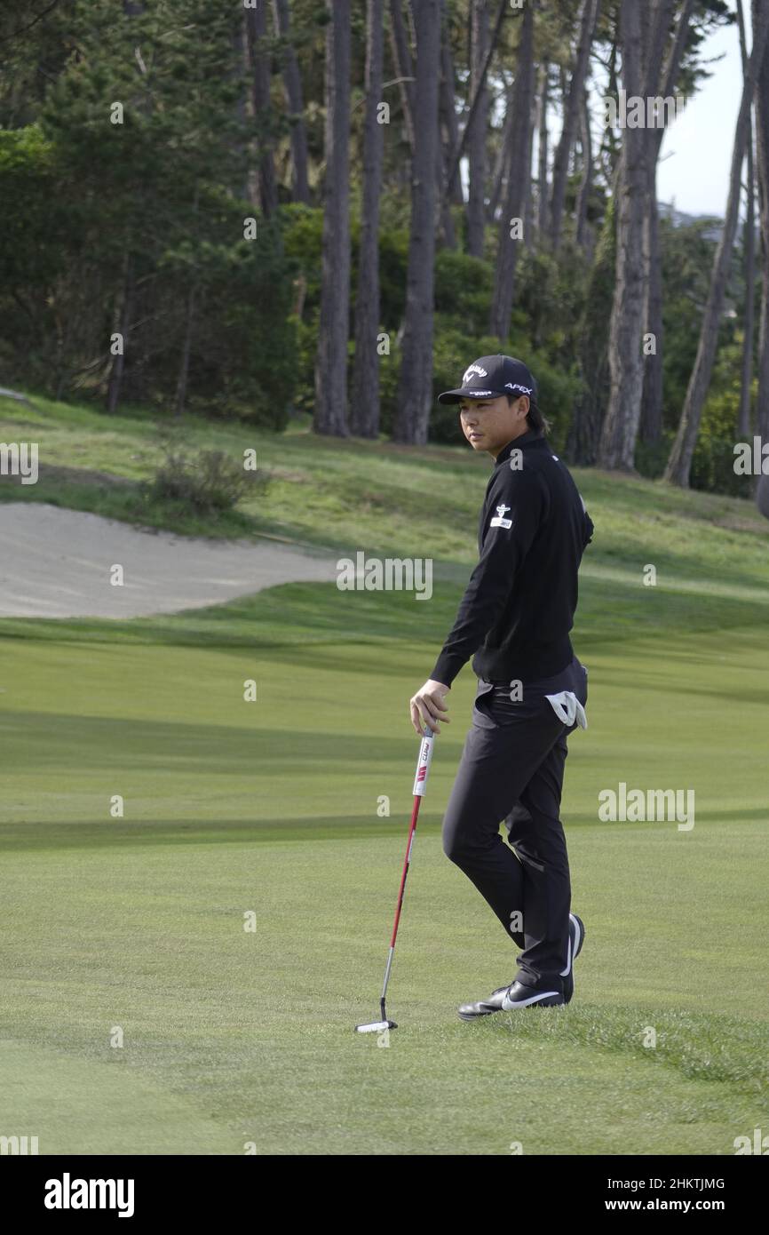 Pebble Beach, USA. 05th Feb, 2022. Min Woo Lee on 18 during the third round  of the AT&T Pro-Am PGA Tour golf event at Monterey Peninsula Country Club,  Monterey Peninsula, California, USA
