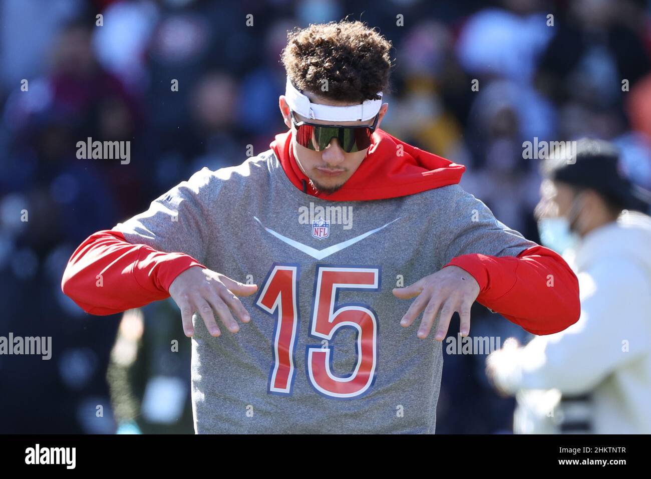 Las Vegas, Nevada, USA. 5th Feb, 2022. Kansas City Chiefs quarterback Patrick Mahomes (15) dances to the chants from the fans during the AFC Pro Bowl Practice at Las Vegas Ballpark in Las Vegas, Nevada. Darren Lee/CSM/Alamy Live News Stock Photo