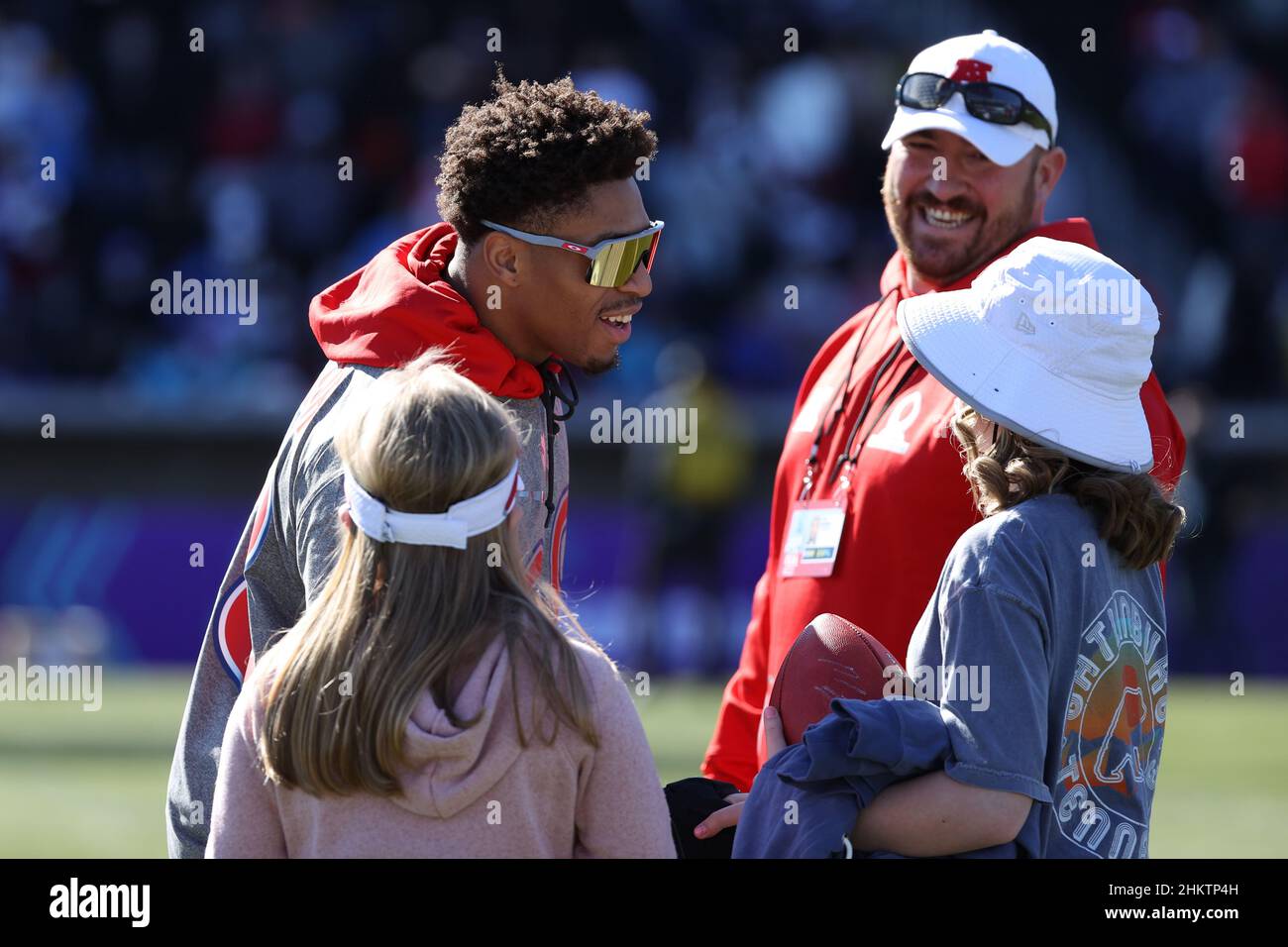 Las Vegas, Nevada, USA. 5th Feb, 2022. Indianapolis Colts running back Jonathan Taylor (28) greeting coaches children during the AFC Pro Bowl Practice at Las Vegas Ballpark in Las Vegas, Nevada. Darren Lee/CSM/Alamy Live News Stock Photo