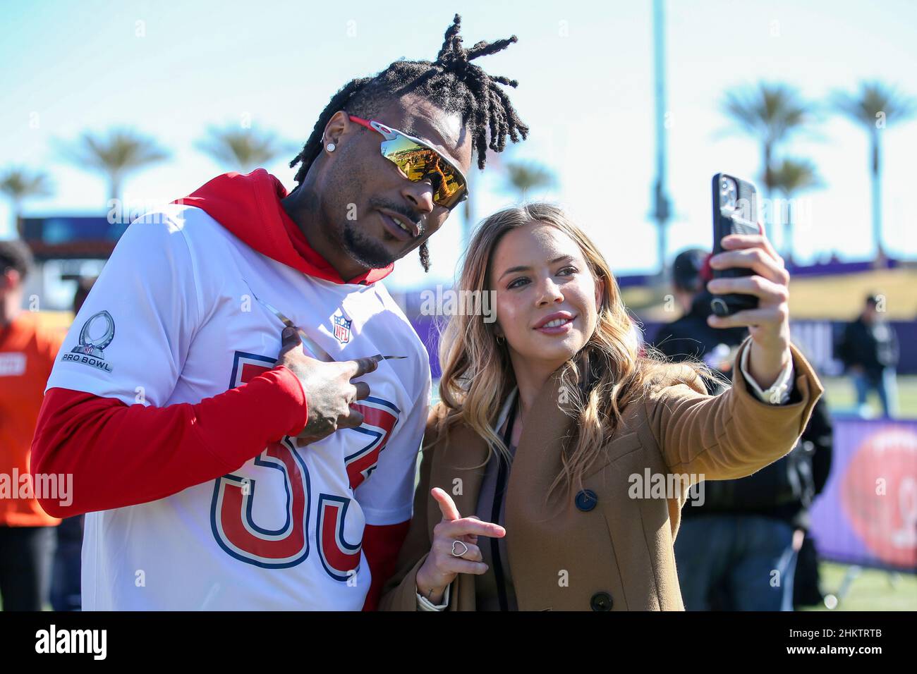 Las Vegas, Nevada, USA. 5th Feb, 2022. Los Angeles Chargers safety Derwin James (33) doing a video chat during the AFC Pro Bowl Practice at Las Vegas Ballpark in Las Vegas, Nevada. Darren Lee/CSM/Alamy Live News Stock Photo