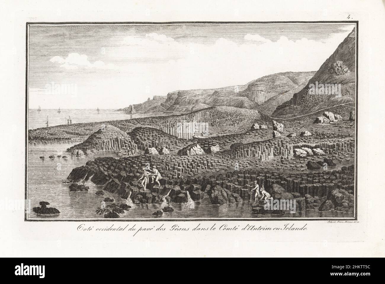 Geologists studying the western side of the Giant's Causeway, Antrim, Northern Ireland. Basalt columns from an ancient volcanic fissure eruption. Cote occidental du pave des Geans dans le Conte d'Antrim en Irlande. Copperplate engraving by Gaetano Riboldi from Scipion Breislak’s Traite sur la Structure Exterieure du Globe, Treatise on the Exterior Structure of the Globe, Jean-Pierre Giegler, Milan, 1822. Stock Photo