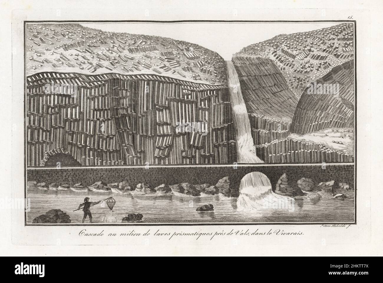 Waterfall in the middle of prismatic lava near Vals, Vivarais/Ardeche range, France. A fisherman uses a net in the river. Cascade au milieu de laves prismatiques pres de Vals dans le Vivarais. Copperplate engraving by Milanese painter Gaetano Riboldi from Scipion Breislak’s Traite sur la Structure Exterieure du Globe, Treatise on the Exterior Structure of the Globe, Jean-Pierre Giegler, Milan, 1822. Stock Photo