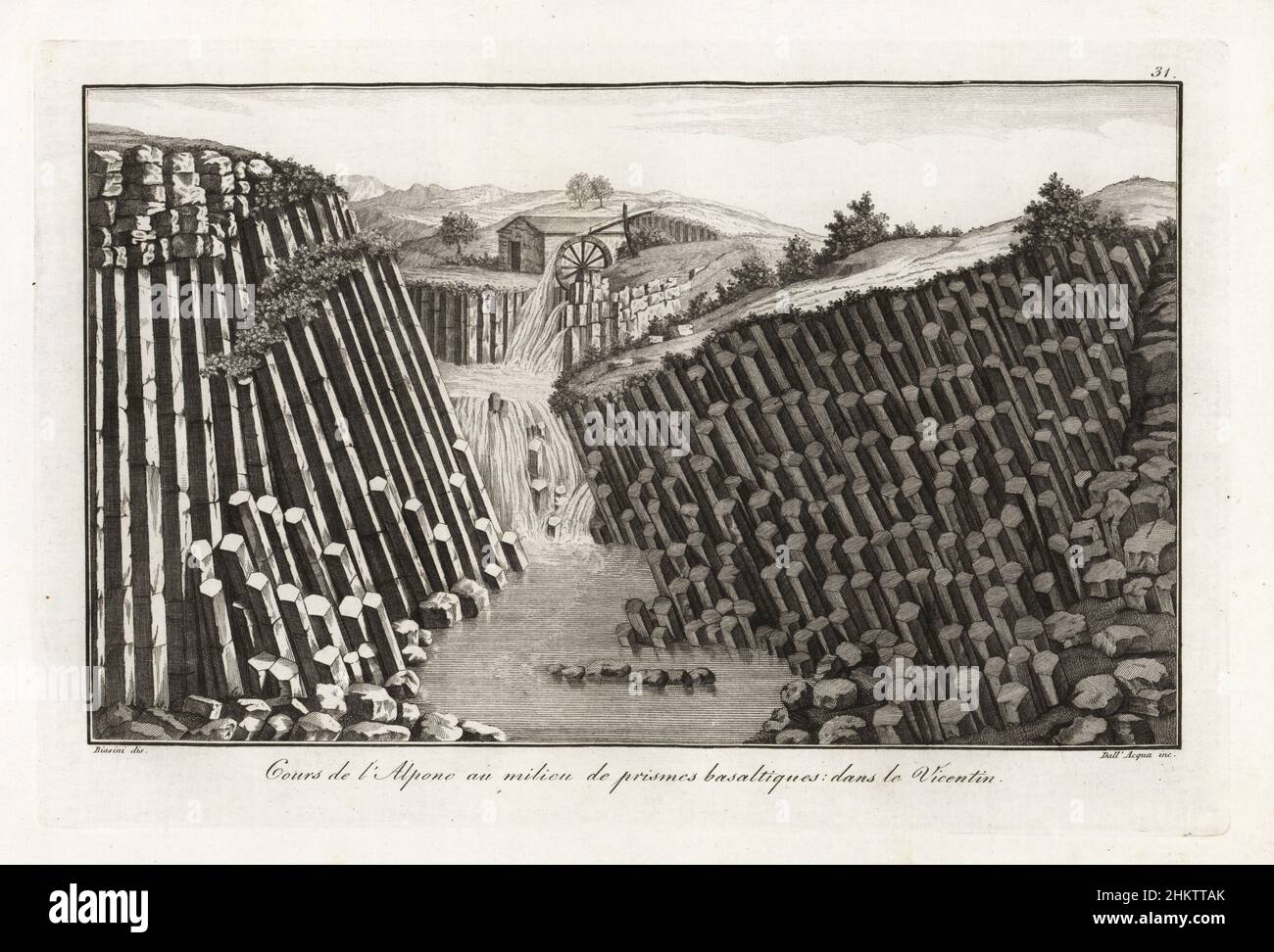 The course of the river Alpone through basalt prisms in the Vicentin, Italy, 18th century. Cours de l'Alpone au milieu de prismes basaltiques dans le Vicentin. Copperplate engraving by  from Scipion Breislak’s Traite sur la Structure Exterieure du Globe, Treatise on the Exterior Structure of the Globe, Jean-Pierre Giegler, Milan, 1822. Stock Photo