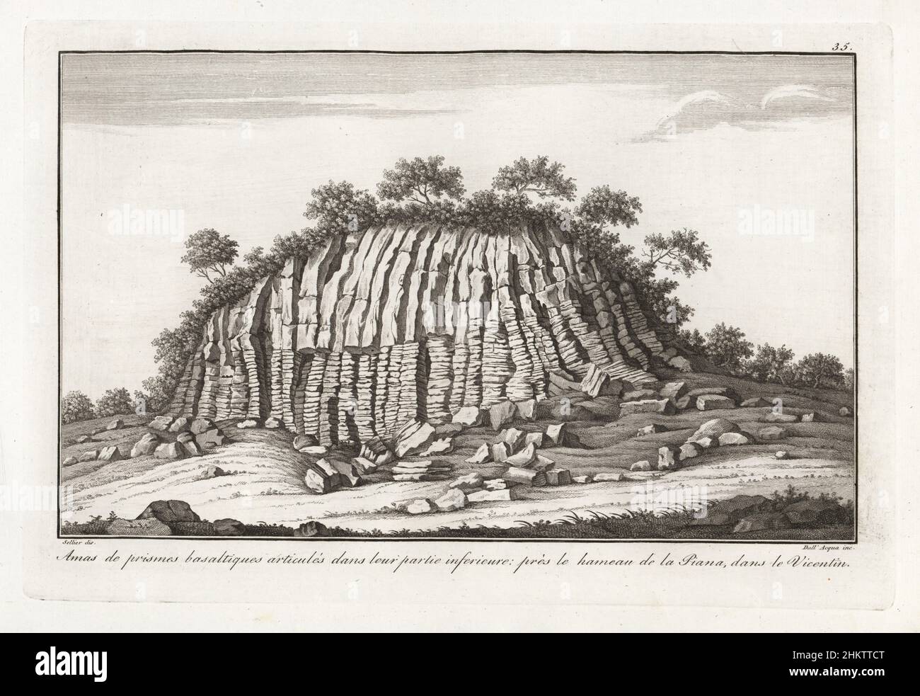 Mass of basalt prisms with articulated base near la Piana, Vicentin, northern Italy. Amas de prismes basaltiques articules dans leur partie inferieure pres le hameau de la Piana, dans le Vicentin. Copperplate engraving by Giuseppe Dall'Acqua after Sellier from Scipion Breislak’s Traite sur la Structure Exterieure du Globe, Treatise on the Exterior Structure of the Globe, Jean-Pierre Giegler, Milan, 1822. Stock Photo