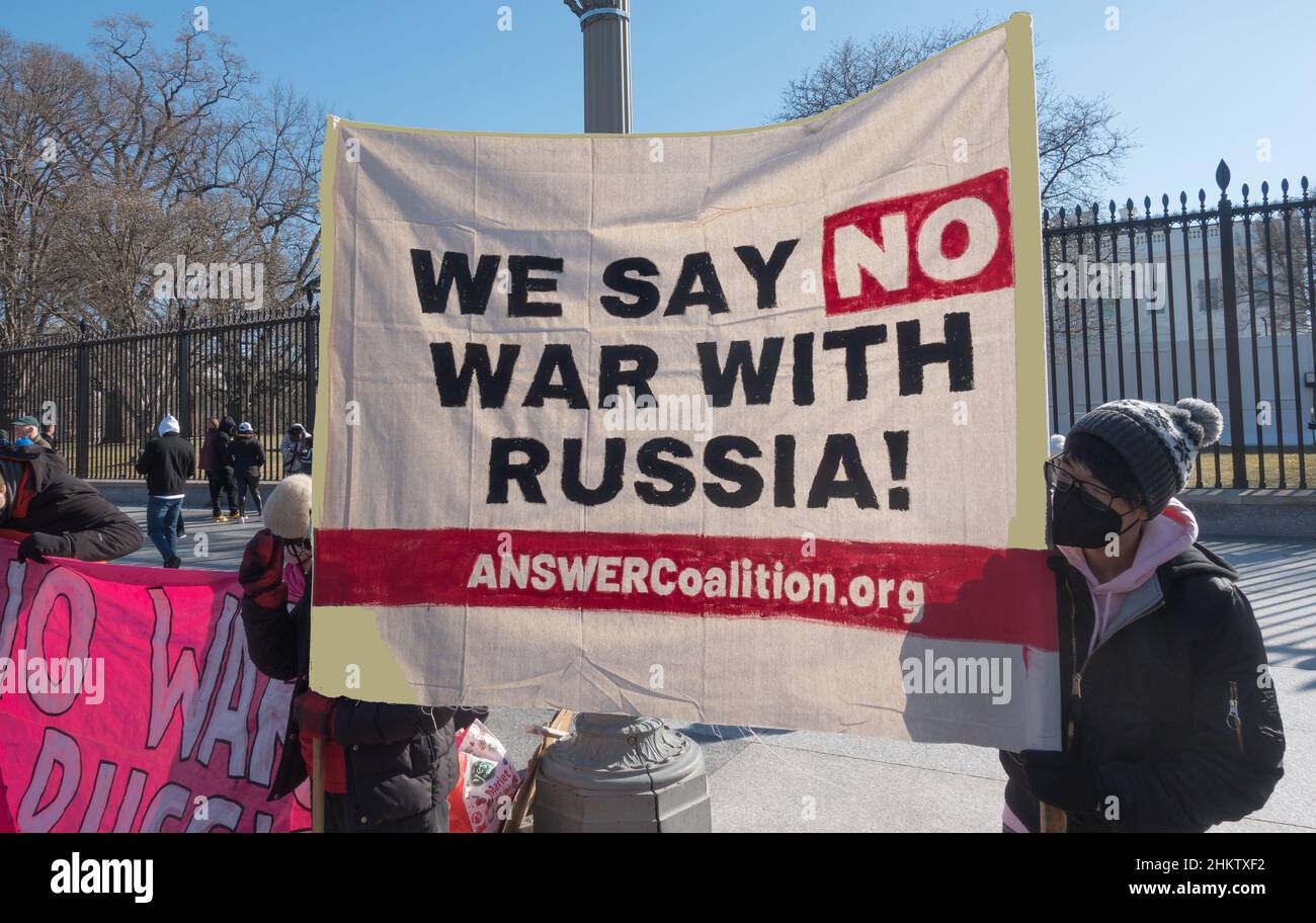 Demonstrators protest in front of the White House against what they say is aggression by NATO and the United States towards Russia over Ukraine, which they fear will lead to war based on lies.Feb. 5, 2022 Stock Photo