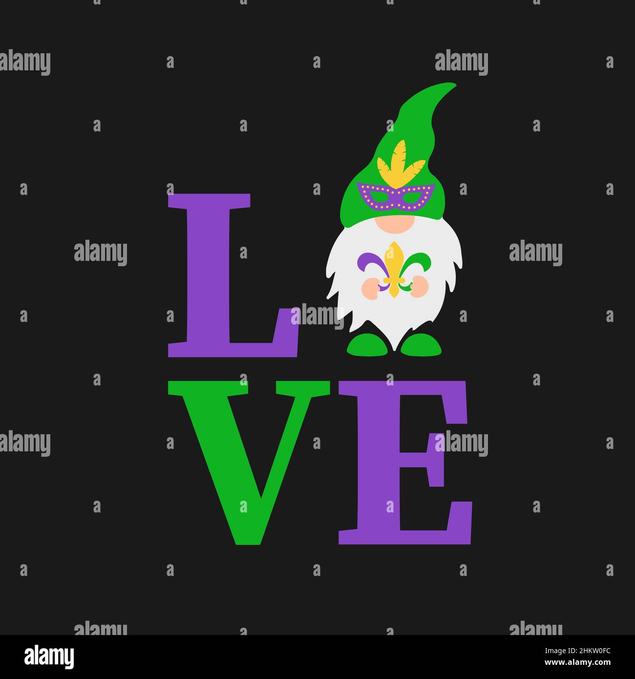Word love with cute Mardi Gras gnome holding Fleur de lis. Vector template for Valentines card, flyer, banner, sticker, t-shirt, etc. Stock Vector