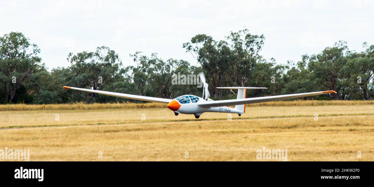 A German Alexander Schleicher ASK-21Mi motor glider taking off at Lake Keepit Gunnedah Australia. Stock Photo
