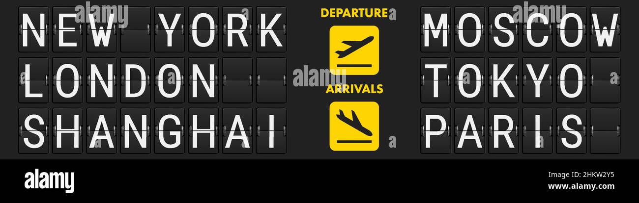 Airport mechanical scoreboard. Equipment board message departures and arrivals flight. Flipping departure countdown. Schedule arriving for travel. 3D Stock Vector