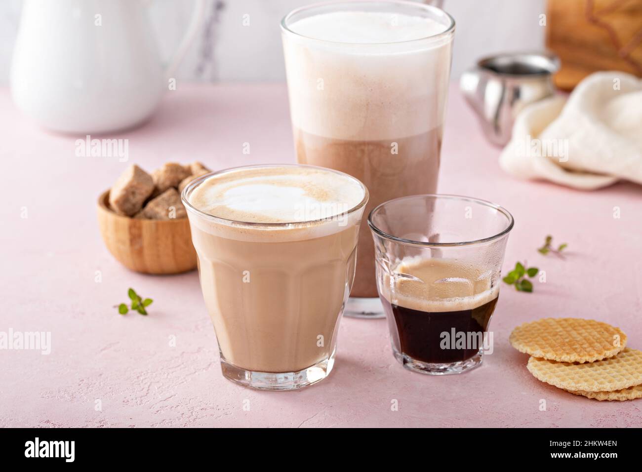 Coffee and espresso drinks in glasses, latte and mocha Stock Photo Alamy