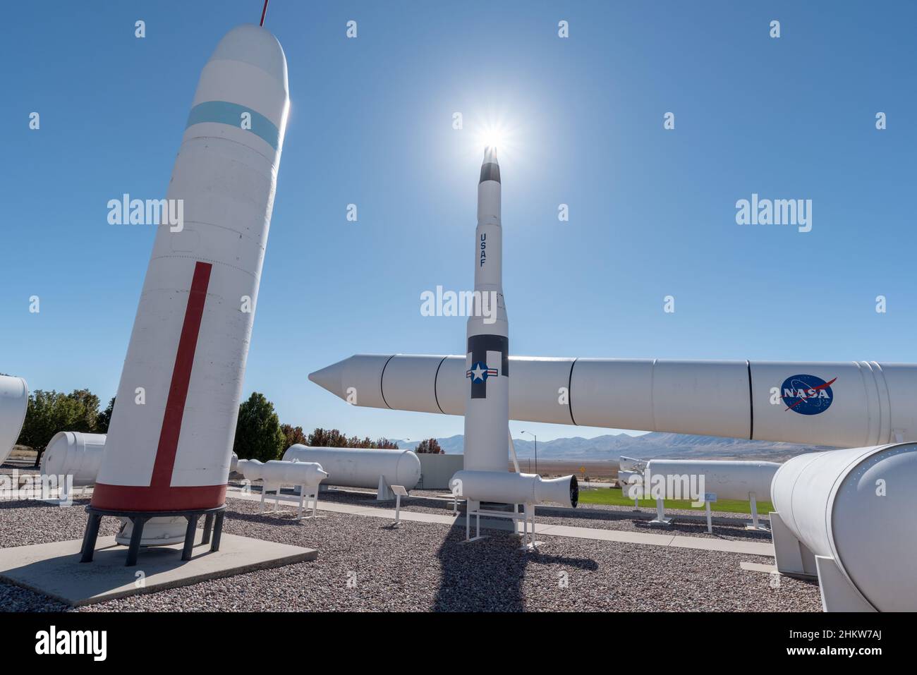 Rockets on display at the Northrop Grumman Rocket Garden, Corrine, Utah. Stock Photo