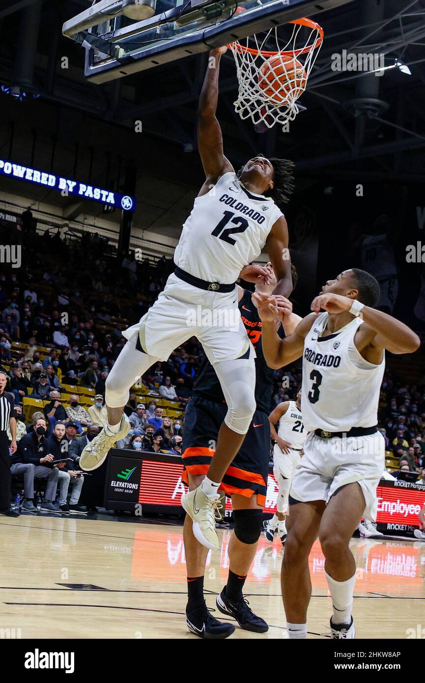 Boulder, CO, USA. 05th Feb, 2022. Colorado Buffaloes forward Jabari Walker  (12) slams home a put back in the second half of the men's basketball game  between Colorado and Oregon State at