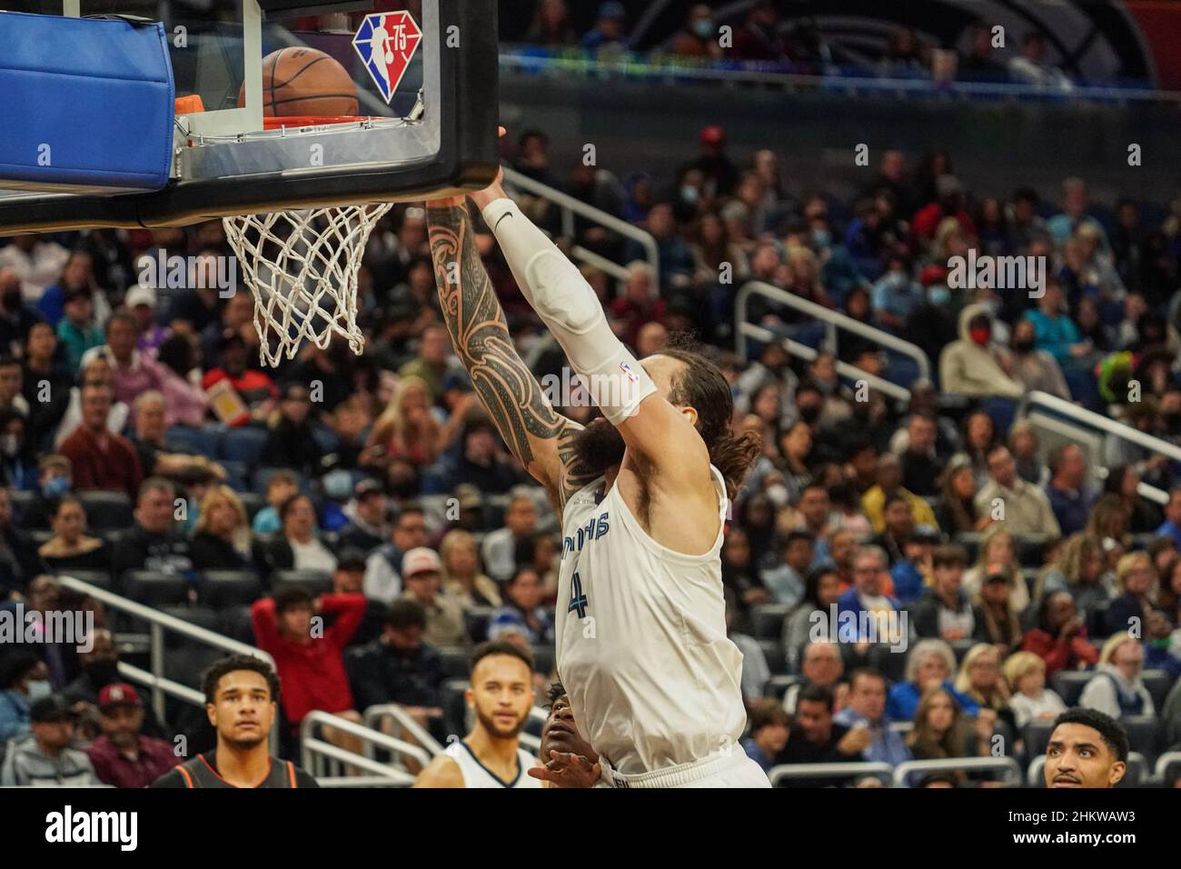 Orlando, Florida, USA, February 5, 2022,Memphis Grizzlies Center Steven Adams #4 makes a dunk during the second half at the Amway Center.  (Photo Credit:  Marty Jean-Louis) Stock Photo
