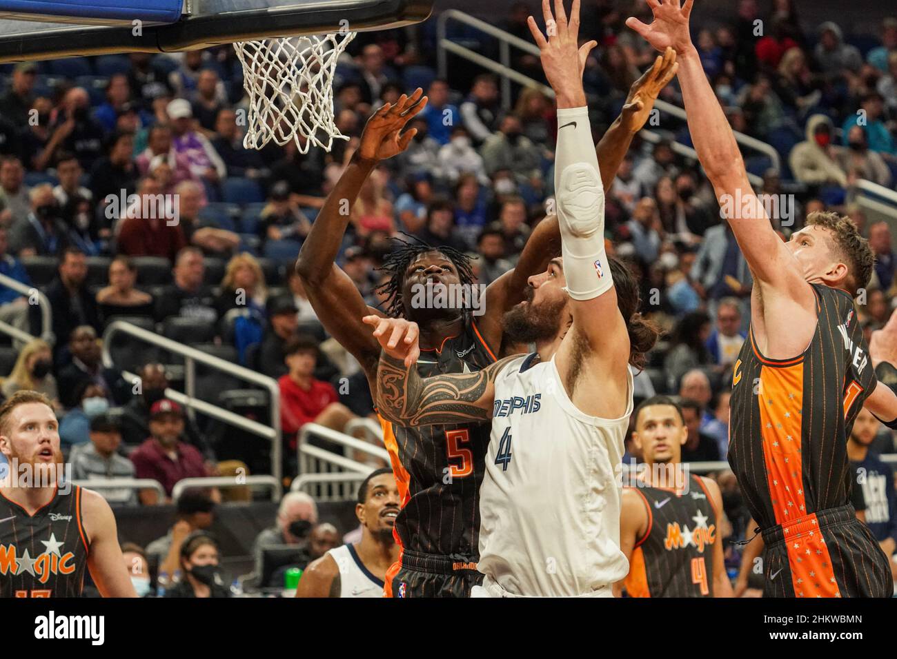 Orlando, Florida, USA, February 5, 2022,Memphis Grizzlies Center Steven Adams #4 attempt to make a basket during the second half at the Amway Center.  (Photo Credit:  Marty Jean-Louis) Stock Photo