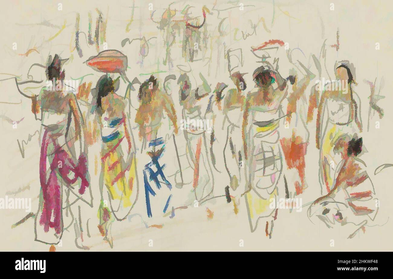 Art inspired by Indonesian women, some with bowls on their heads. Java, Classic works modernized by Artotop with a splash of modernity. Shapes, color and value, eye-catching visual impact on art. Emotions through freedom of artworks in a contemporary way. A timeless message pursuing a wildly creative new direction. Artists turning to the digital medium and creating the Artotop NFT Stock Photo