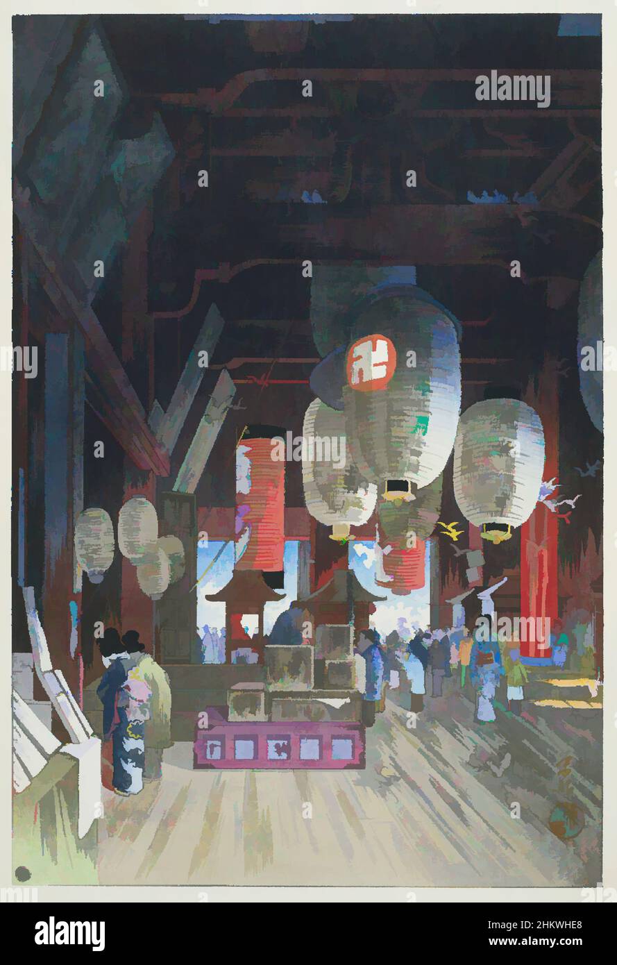 Art inspired by In the Kannon temple in Asakusa, Asakusa Kannon no naido, Interior of the wooden Kannon temple in Asakusa with visitors, pigeons and on the ceiling large lanterns., print maker: Narazaki Eisho, publisher: Watanabe Shôzaburô, print maker: Japan, publisher: Tokyo, 1932, Classic works modernized by Artotop with a splash of modernity. Shapes, color and value, eye-catching visual impact on art. Emotions through freedom of artworks in a contemporary way. A timeless message pursuing a wildly creative new direction. Artists turning to the digital medium and creating the Artotop NFT Stock Photo