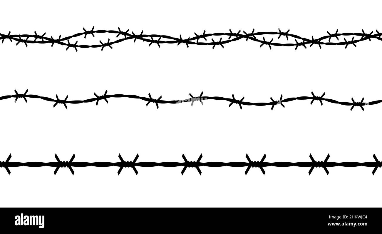 Twisted barbed wire silhouettes set. Straight and wavy curved military border for secured territory. Flat illustration isolated on white background. Stock Photo