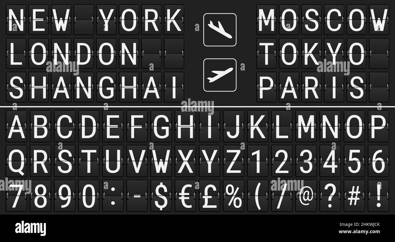 Realistic airport mechanical scoreboard font with special symbols. Departures and arrivals flight signs. 3D realistic illustration. Stock Photo