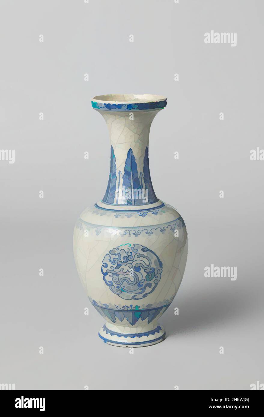Art inspired by Ovoid vase with three medallions of stylized waves, Ovoid vase of soft-paste porcelain (pâte tendre) with long, spreading neck and raised rim, painted in underglaze blue. On the wall decorative bands and three medallions with stylized waves; the neck with a band of, Classic works modernized by Artotop with a splash of modernity. Shapes, color and value, eye-catching visual impact on art. Emotions through freedom of artworks in a contemporary way. A timeless message pursuing a wildly creative new direction. Artists turning to the digital medium and creating the Artotop NFT Stock Photo