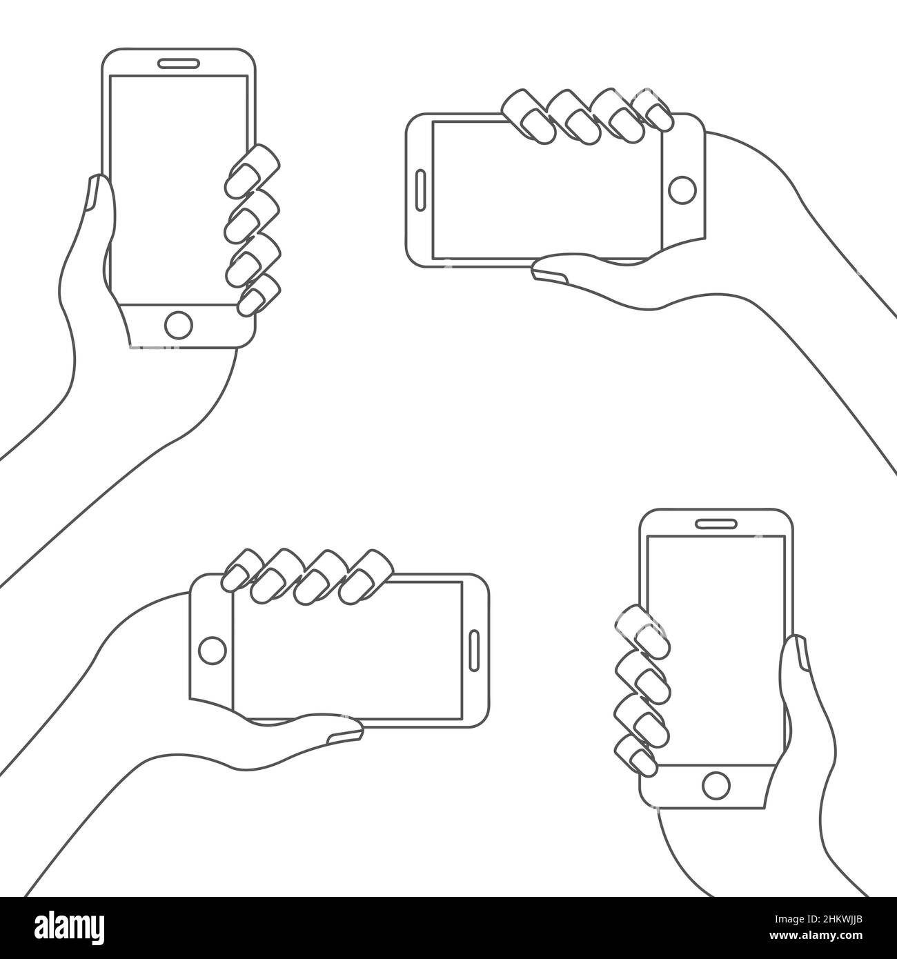 Female hand holding a smartphone with blank screen. Line icon set. Flat illustration isolated on white background. Stock Photo