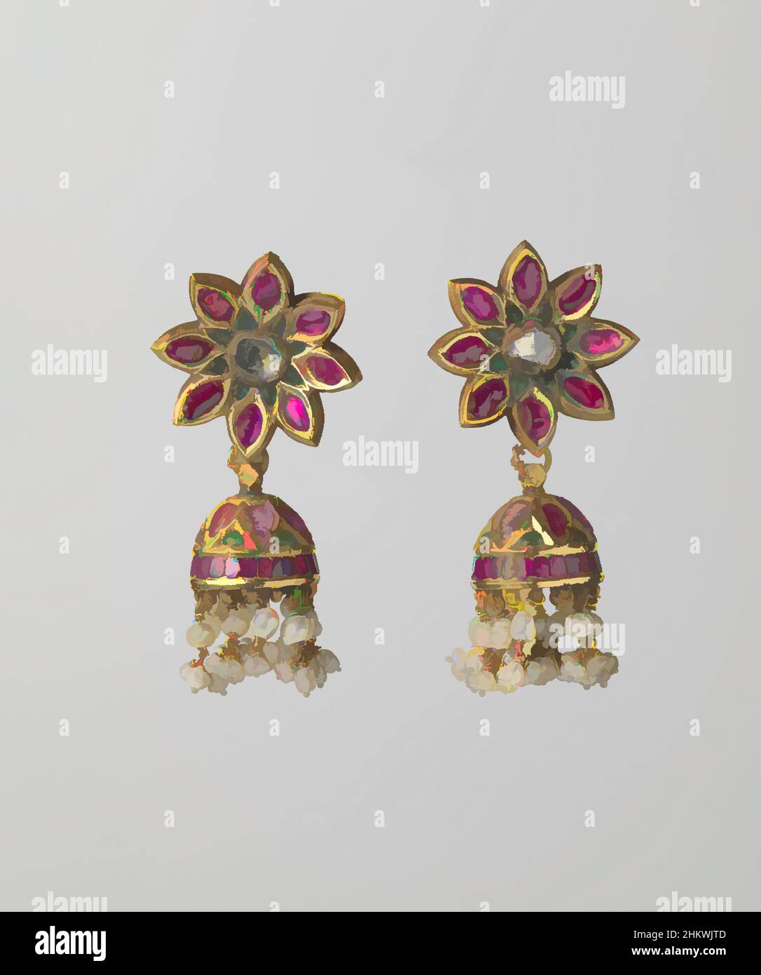 Art inspired by Pair of Earrings and Two Hair Ornaments, Pair of earrings (phuljhumka), A pair of earrings (phuljhumka) made of gold. Inlaid with red and green stones and diamond splinters. In the form of an eight-leaf lotus flower, from which hangs a bell-shaped gold bell, executed in, Classic works modernized by Artotop with a splash of modernity. Shapes, color and value, eye-catching visual impact on art. Emotions through freedom of artworks in a contemporary way. A timeless message pursuing a wildly creative new direction. Artists turning to the digital medium and creating the Artotop NFT Stock Photo