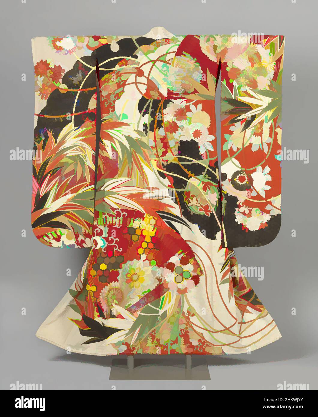 Art inspired by Kimono for an unmarried woman, Formal long-sleeved kimono for an unmarried young woman (furisode), decorated all over with large fans, snowflake, bamboo, chrysanthemum and other plant motifs, with bulbs on cords traversing the composition. Creamy white crepe silk with, Classic works modernized by Artotop with a splash of modernity. Shapes, color and value, eye-catching visual impact on art. Emotions through freedom of artworks in a contemporary way. A timeless message pursuing a wildly creative new direction. Artists turning to the digital medium and creating the Artotop NFT Stock Photo