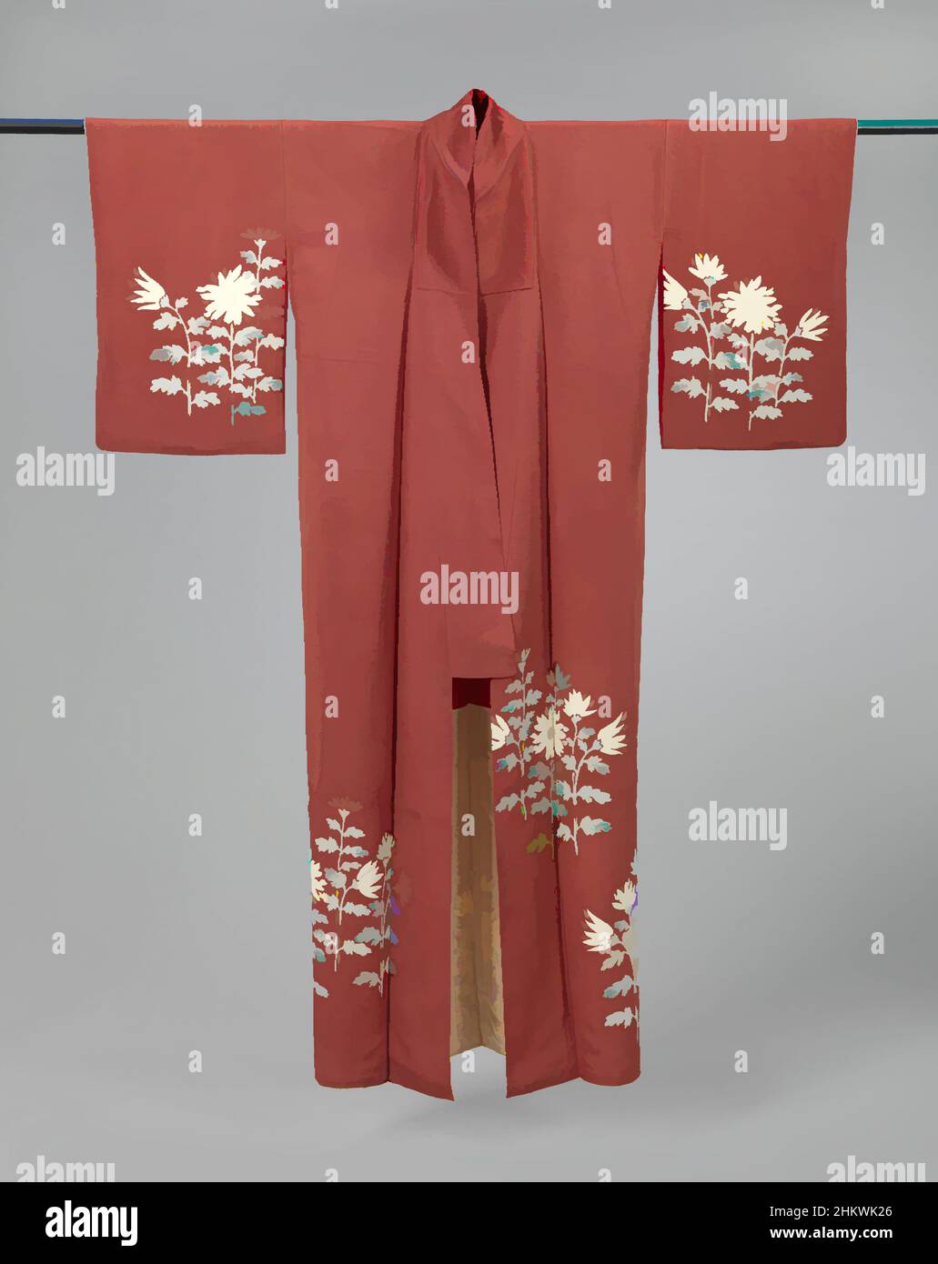 Art inspired by Women's kimono decorated with chrysanthemums, Tsukesage with chrysanthemums, Semi-formal women's kimono (tsukesage), with a decoration on the sleeves and bottom edge of chrysanthemums. Fine red crepe silk (kinsha) with a painted yuzen decoration in white and green, with, Classic works modernized by Artotop with a splash of modernity. Shapes, color and value, eye-catching visual impact on art. Emotions through freedom of artworks in a contemporary way. A timeless message pursuing a wildly creative new direction. Artists turning to the digital medium and creating the Artotop NFT Stock Photo