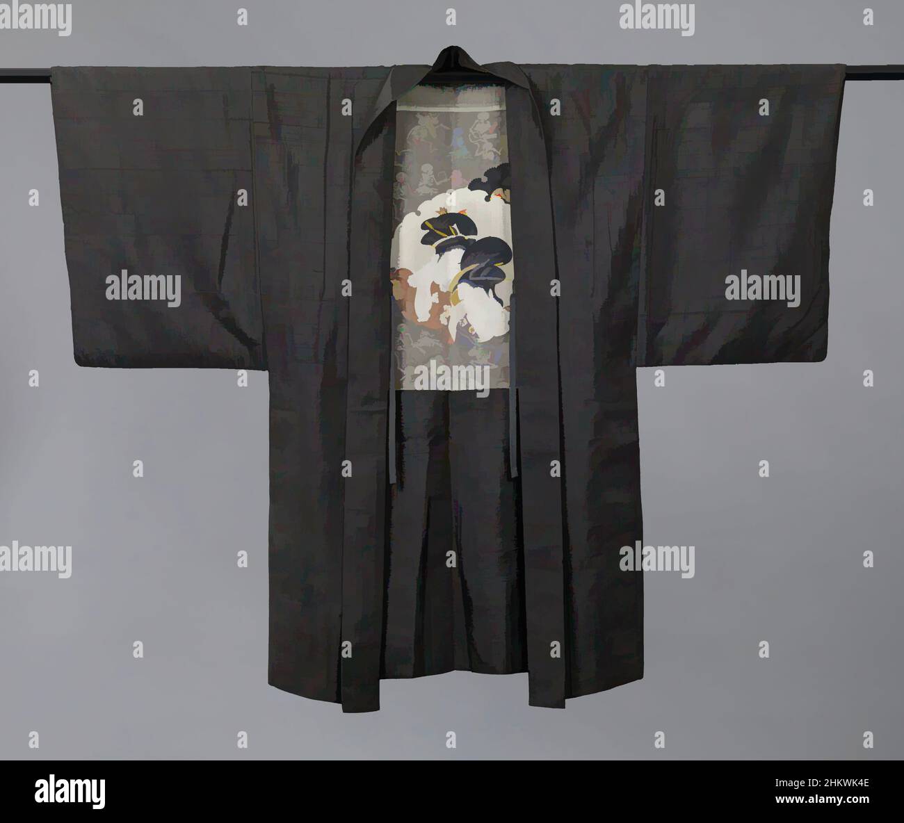 Art inspired by Man's jacket, Men's haori with geisha and skeletons, Haori for a man with decoration on the lining of two partially overlapping snowflake-shaped cartouches with three geisha, against a background of a pattern of dancing and music-making skeletons, with a calligraphed, Classic works modernized by Artotop with a splash of modernity. Shapes, color and value, eye-catching visual impact on art. Emotions through freedom of artworks in a contemporary way. A timeless message pursuing a wildly creative new direction. Artists turning to the digital medium and creating the Artotop NFT Stock Photo