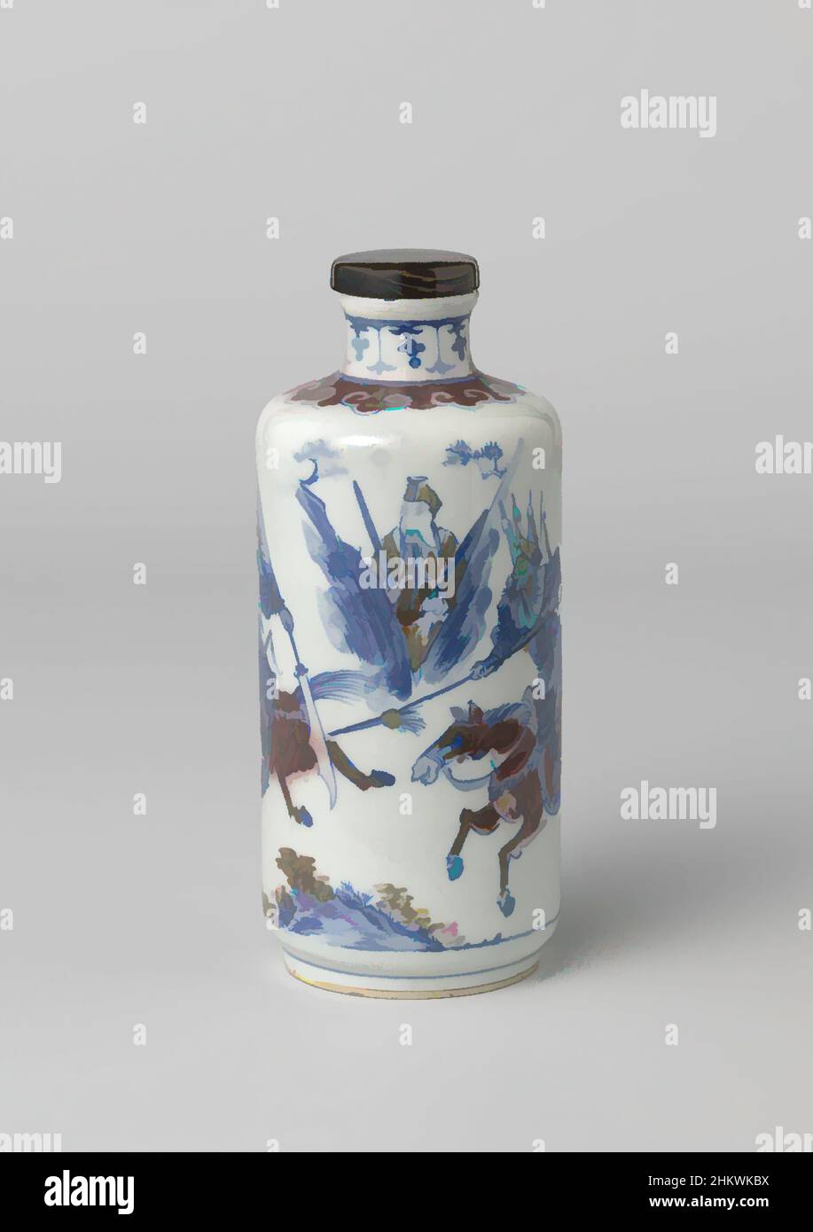 Art inspired by Cylindrical bottle vase with warriors, Wooden cap of bottle-shaped vase of porcelain. A point protrudes from the bottom., China, c. 1800 - c. 1924, wood (plant material), height 1.1 cm × diameter 3.1 cm, Classic works modernized by Artotop with a splash of modernity. Shapes, color and value, eye-catching visual impact on art. Emotions through freedom of artworks in a contemporary way. A timeless message pursuing a wildly creative new direction. Artists turning to the digital medium and creating the Artotop NFT Stock Photo