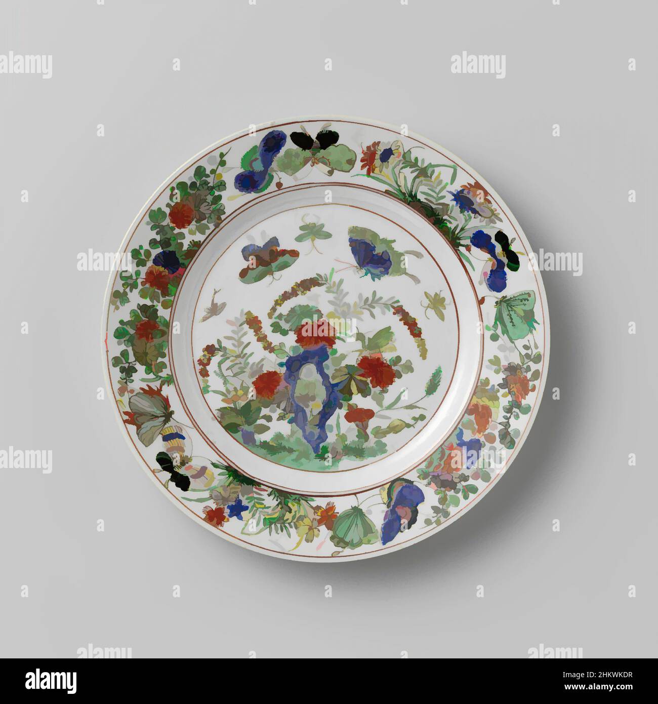 Art inspired by Plate with rock, butterflies and flowering plants, Plate of porcelain, painted in underglaze blue and on the glaze blue, red, green, yellow, eggplant and black. On the flat, butterflies and flowering plants near a rock; the rim with four flower groups (chrysanthemum, Classic works modernized by Artotop with a splash of modernity. Shapes, color and value, eye-catching visual impact on art. Emotions through freedom of artworks in a contemporary way. A timeless message pursuing a wildly creative new direction. Artists turning to the digital medium and creating the Artotop NFT Stock Photo