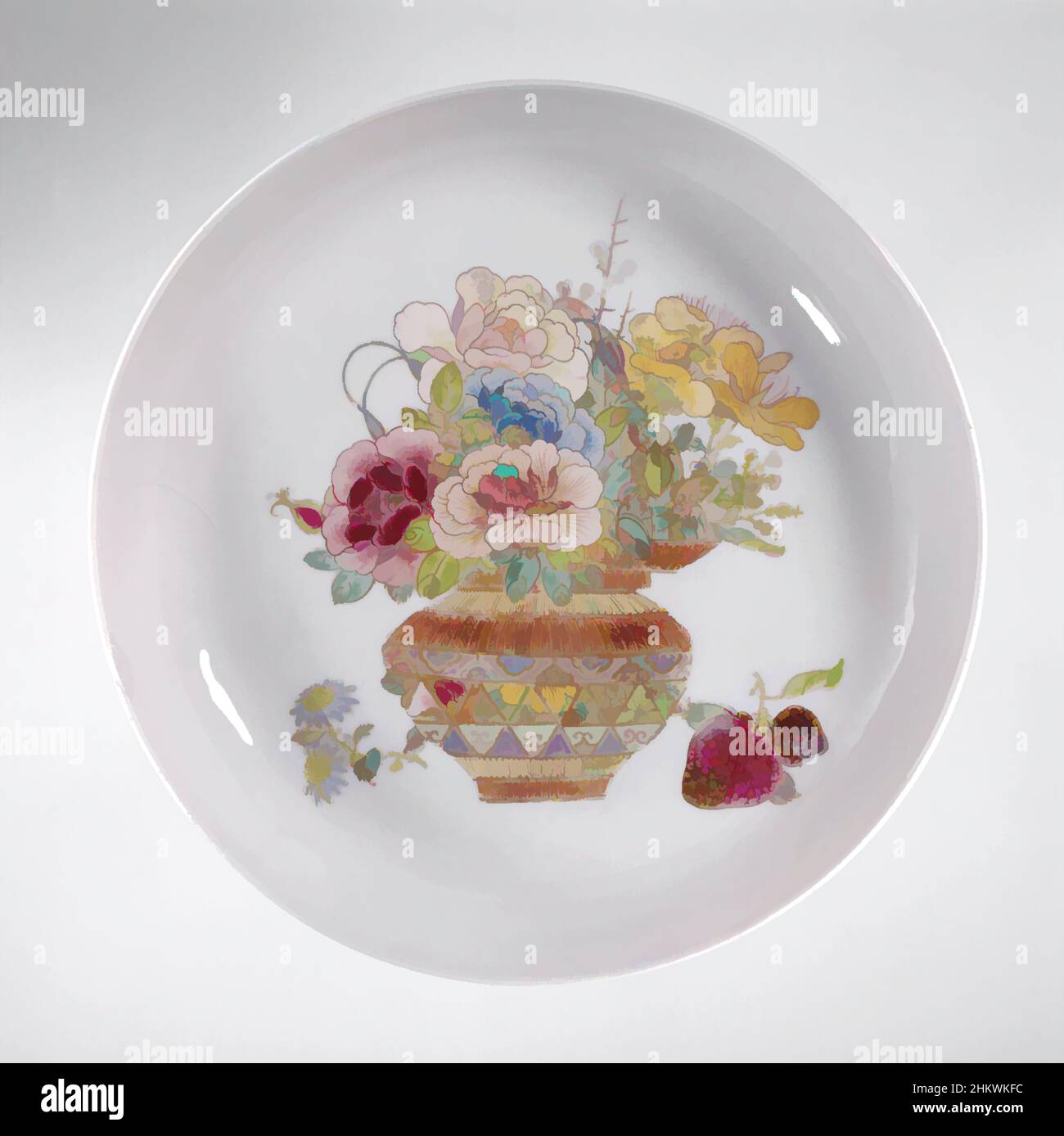 Art inspired by Saucer-dish with a flower basket and lichees, Saucer of porcelain, covered with a pink glaze and painted on the glaze in blue, red, pink, green, yellow, black and gold. On the flat a flower basket with an aster beside it and a branch with two lychees; the reverse is, Classic works modernized by Artotop with a splash of modernity. Shapes, color and value, eye-catching visual impact on art. Emotions through freedom of artworks in a contemporary way. A timeless message pursuing a wildly creative new direction. Artists turning to the digital medium and creating the Artotop NFT Stock Photo