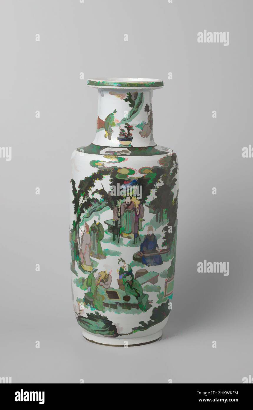 Art inspired by Cylindrical vase with seven scholars in a landscape, Cylindrical vase with flat shoulder, straight neck and flat rim with raised edge of porcelain, painted on the glaze in blue, red, green, yellow, eggplant, black and gold with seven scholars in a landscape near a, Classic works modernized by Artotop with a splash of modernity. Shapes, color and value, eye-catching visual impact on art. Emotions through freedom of artworks in a contemporary way. A timeless message pursuing a wildly creative new direction. Artists turning to the digital medium and creating the Artotop NFT Stock Photo