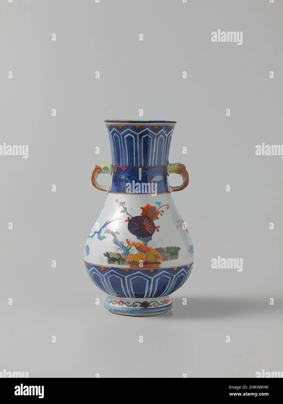Art inspired by Pear-shaped vase with ornamental borders, flowering plants, brushwood fences and birds, Pear-shaped vase of porcelain with a wide, slightly spreading neck and two modeled ears in the shape of animal heads. Painted in underglaze blue and on the glaze blue, red, green, Classic works modernized by Artotop with a splash of modernity. Shapes, color and value, eye-catching visual impact on art. Emotions through freedom of artworks in a contemporary way. A timeless message pursuing a wildly creative new direction. Artists turning to the digital medium and creating the Artotop NFT Stock Photo