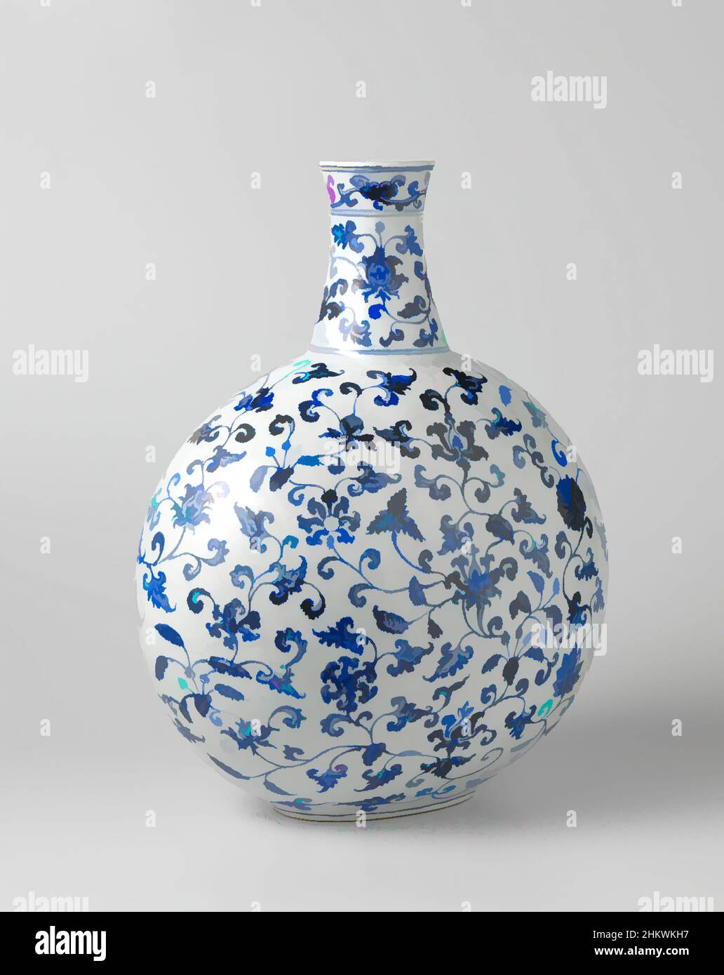 Art inspired by Bottle, Bottle with an overall pattern of floral scrolls, Flattened spherical bottle of porcelain, the neck tapers slightly towards the bottom and top, painted in underglaze blue. The entire bottle is decorated with a continuous pattern of floral and foliate scrolls (, Classic works modernized by Artotop with a splash of modernity. Shapes, color and value, eye-catching visual impact on art. Emotions through freedom of artworks in a contemporary way. A timeless message pursuing a wildly creative new direction. Artists turning to the digital medium and creating the Artotop NFT Stock Photo