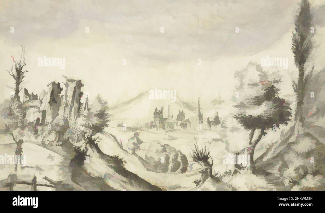 Art inspired by Hilly landscape with hunter and ruin, draughtsman:, unknown, c. 1600, parchment (animal material), brush, height 86 mm × width 140 mm, Classic works modernized by Artotop with a splash of modernity. Shapes, color and value, eye-catching visual impact on art. Emotions through freedom of artworks in a contemporary way. A timeless message pursuing a wildly creative new direction. Artists turning to the digital medium and creating the Artotop NFT Stock Photo
