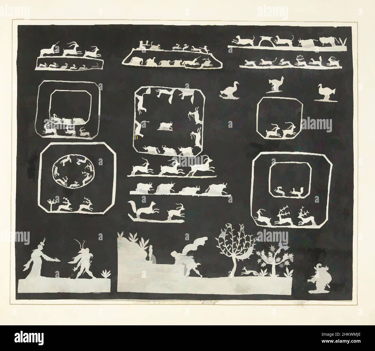 Art inspired by Running animals, figures and Narcissus, Gesina ter Borch and her nephews Cornelis and Gerrit Schellinger (probably 13 and 14 years old) have several clippings in white pasted on a black paper. At the top are mainly running animals, at the bottom center a representation, Classic works modernized by Artotop with a splash of modernity. Shapes, color and value, eye-catching visual impact on art. Emotions through freedom of artworks in a contemporary way. A timeless message pursuing a wildly creative new direction. Artists turning to the digital medium and creating the Artotop NFT Stock Photo