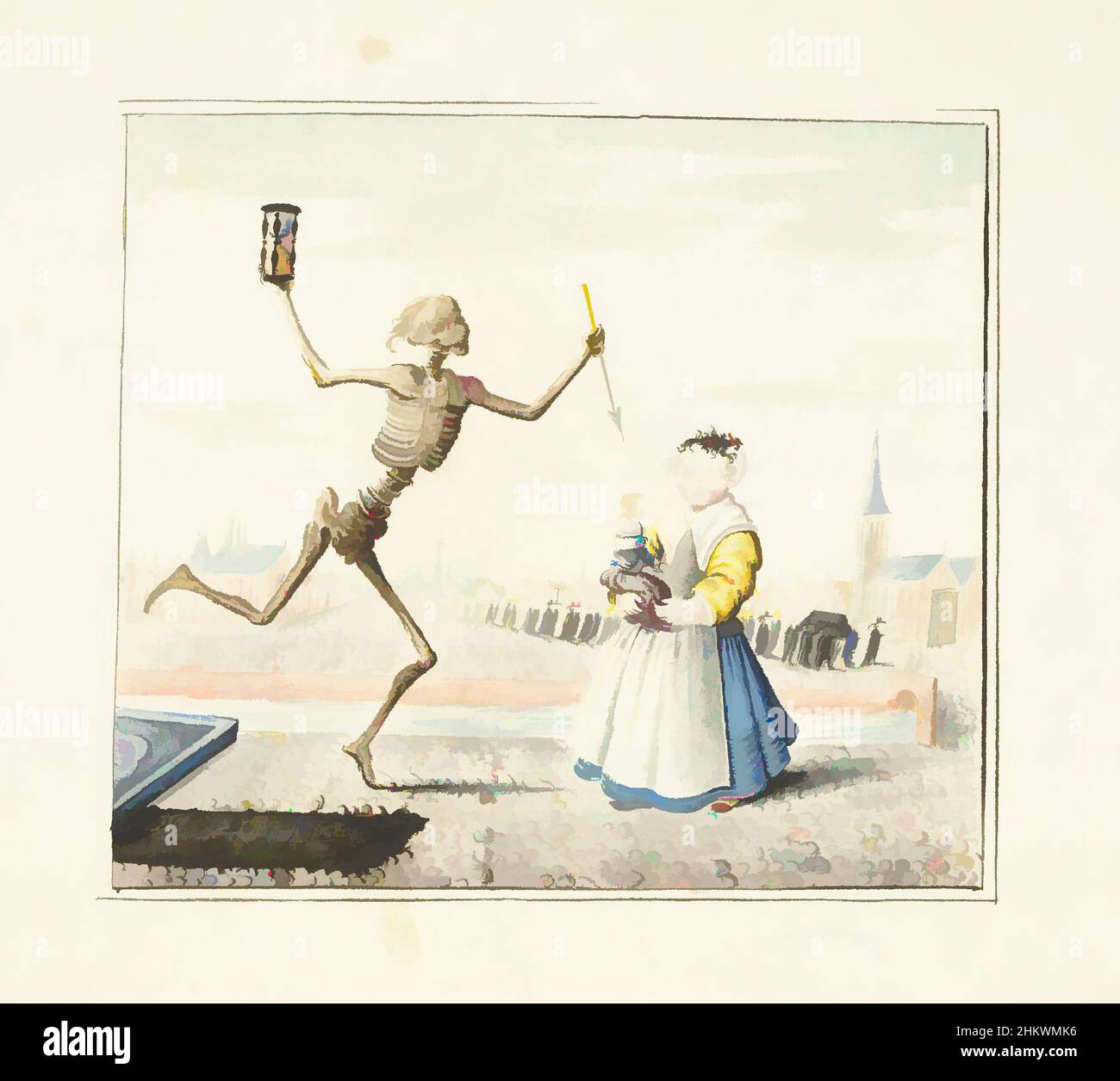 Art inspired by Death next to a little girl, Death dancing next to a girl. On the left foreground is the girl's grave with the date the drawing was made or when the girl died. On the right, a long funeral procession walks to the entrance of a church., draughtsman: Gesina ter Borch, Classic works modernized by Artotop with a splash of modernity. Shapes, color and value, eye-catching visual impact on art. Emotions through freedom of artworks in a contemporary way. A timeless message pursuing a wildly creative new direction. Artists turning to the digital medium and creating the Artotop NFT Stock Photo