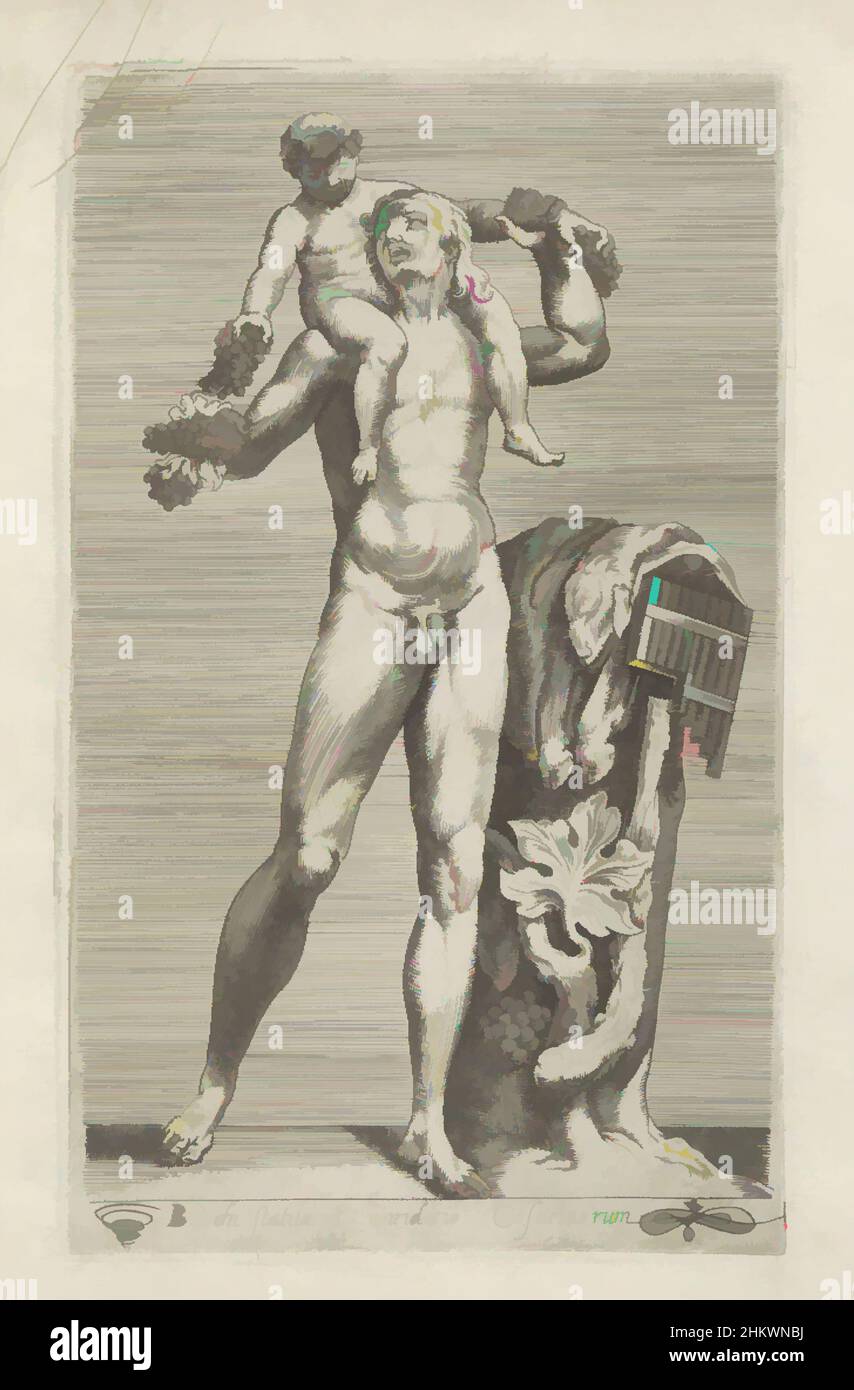 Art inspired by Sculpture of Silenus with the young Bacchus on his shoulders, Bacchi statua in viridario Cesarinorum, Antique sculptures in Rome (series title), Antiquarum statuarum urbis Romae quae in publicis locis visuntur icones (series title), Caption in Latin. Print is part of an, Classic works modernized by Artotop with a splash of modernity. Shapes, color and value, eye-catching visual impact on art. Emotions through freedom of artworks in a contemporary way. A timeless message pursuing a wildly creative new direction. Artists turning to the digital medium and creating the Artotop NFT Stock Photo