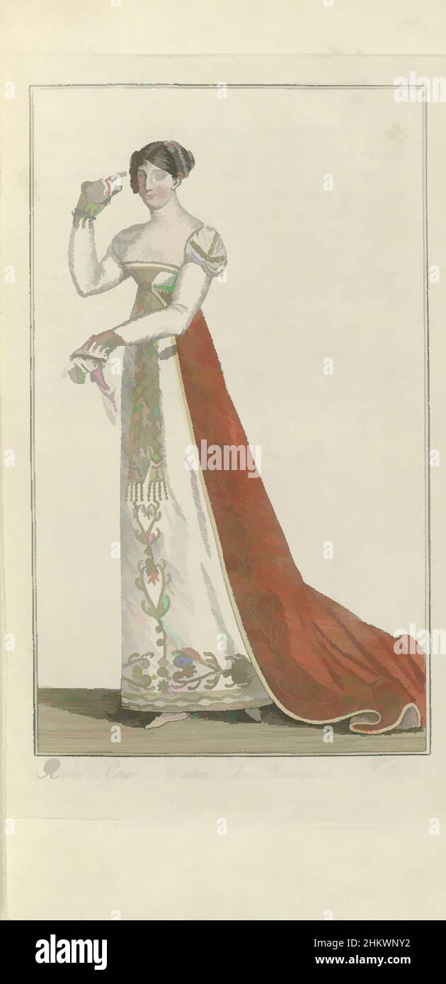 Art inspired by Elegantia, or magazine of fashion, luxury and taste for ladies, January 1809, No. 67: Robe de Cour en Satin..., According to the accompanying text (p. 32): 'Grande parure. Red velvet robe embroidered with gold. 'Coeffure en diamans'. Toque of white satin (??). Diamond, Classic works modernized by Artotop with a splash of modernity. Shapes, color and value, eye-catching visual impact on art. Emotions through freedom of artworks in a contemporary way. A timeless message pursuing a wildly creative new direction. Artists turning to the digital medium and creating the Artotop NFT Stock Photo