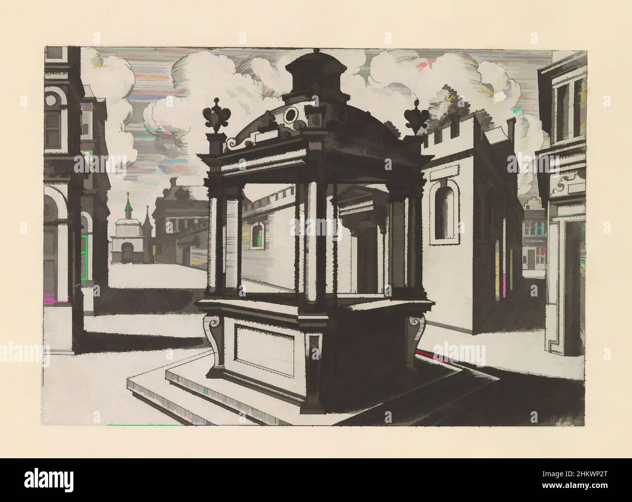 Art inspired by Triangular well with dome on small square, Water wells (series title), Triangular well on a rise. On the edge of the well are Corinthian columns and pilasters set at right angles to them, supporting a dome with a lantern. The print is part of an album., print maker, Classic works modernized by Artotop with a splash of modernity. Shapes, color and value, eye-catching visual impact on art. Emotions through freedom of artworks in a contemporary way. A timeless message pursuing a wildly creative new direction. Artists turning to the digital medium and creating the Artotop NFT Stock Photo