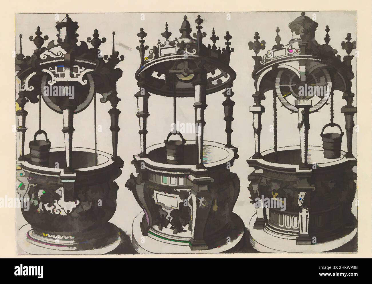 Art inspired by Three round wells side by side, Water wells (series title), Three round wells decorated with scroll and hardware, garlands and mascarons. On the edges of the wells are balusters or herms supporting a dome with a lantern. The print is part of an album., print maker, Classic works modernized by Artotop with a splash of modernity. Shapes, color and value, eye-catching visual impact on art. Emotions through freedom of artworks in a contemporary way. A timeless message pursuing a wildly creative new direction. Artists turning to the digital medium and creating the Artotop NFT Stock Photo
