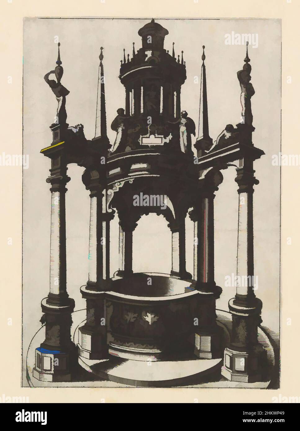 Art inspired by Freestanding circular well with double columns, Water wells (series title), Freestanding, circular, monumental well, with overhanging double Ionic columns. The inner columns support a dome with a cross vault, crowned by a pavilion in which a woman is seated. The print is, Classic works modernized by Artotop with a splash of modernity. Shapes, color and value, eye-catching visual impact on art. Emotions through freedom of artworks in a contemporary way. A timeless message pursuing a wildly creative new direction. Artists turning to the digital medium and creating the Artotop NFT Stock Photo