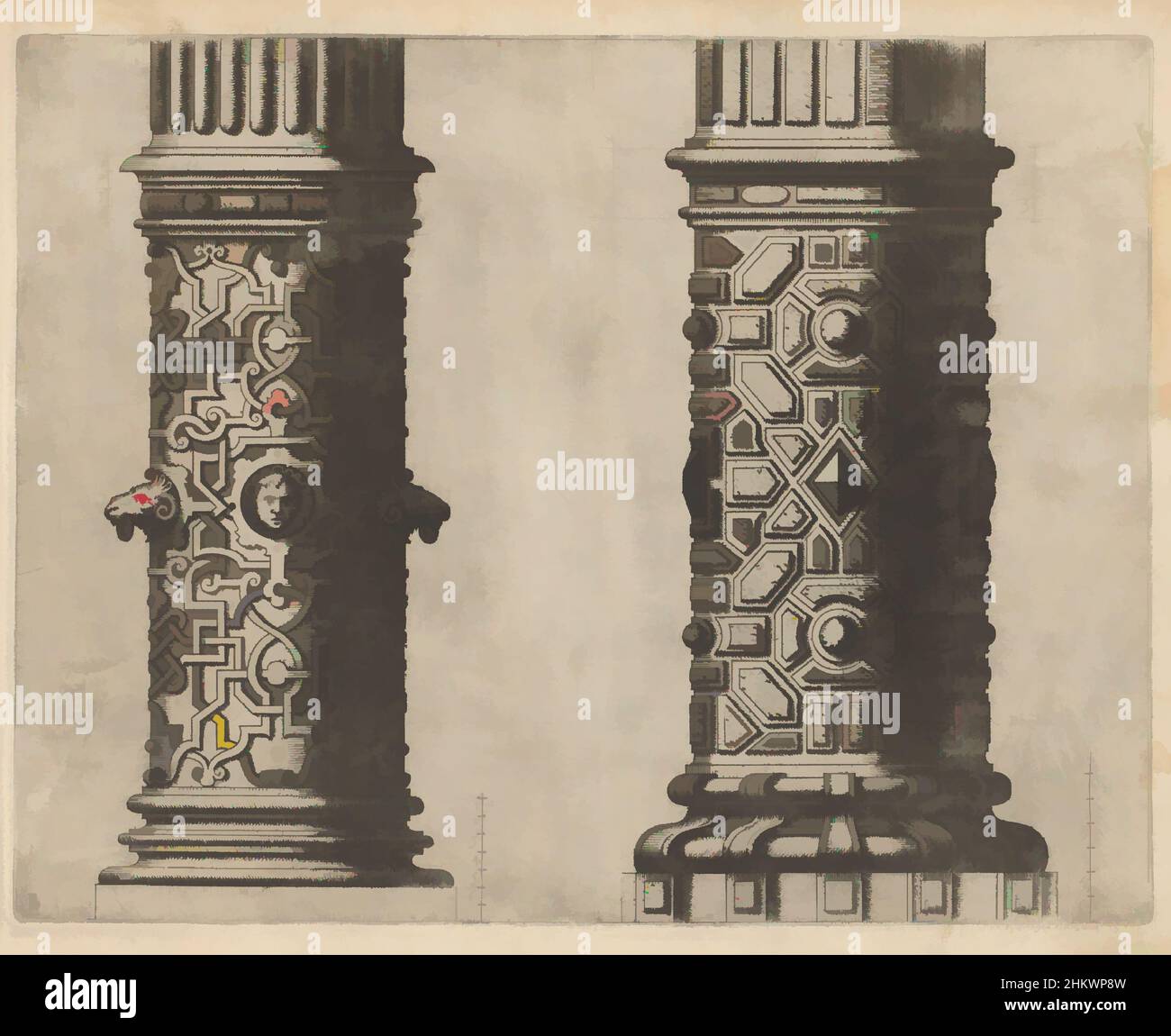 Art inspired by Two 'columnae caelatae', Den eersten boeck ghemaeckt op de twee Colomnen Dorica en Ionica (series title), Two 'columnae caelatae'. On the left the lower part of a column of the Ionic Order with moresques and mascarons. On the right the lower part of a column of the Doric, Classic works modernized by Artotop with a splash of modernity. Shapes, color and value, eye-catching visual impact on art. Emotions through freedom of artworks in a contemporary way. A timeless message pursuing a wildly creative new direction. Artists turning to the digital medium and creating the Artotop NFT Stock Photo