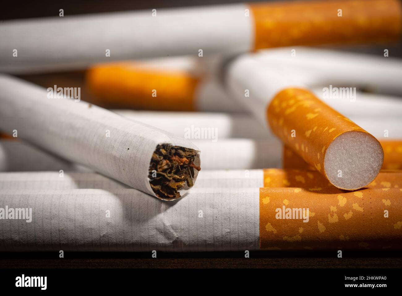 A macro photograph of loose cigarettes. Stock Photo
