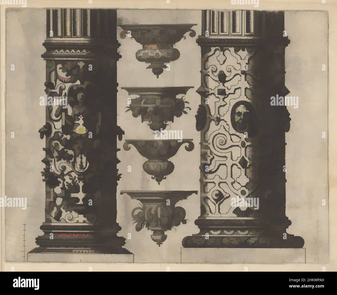 Art inspired by Two 'columnae caelatae' and four consoles, Den eersten boeck ghemaeckt op de twee Colomnen Dorica en Ionica (series title), On the left the lower half of a column of the Ionic Order with a female hermit, caught in scrollwork. On the right, the lower half of a Doric, Classic works modernized by Artotop with a splash of modernity. Shapes, color and value, eye-catching visual impact on art. Emotions through freedom of artworks in a contemporary way. A timeless message pursuing a wildly creative new direction. Artists turning to the digital medium and creating the Artotop NFT Stock Photo