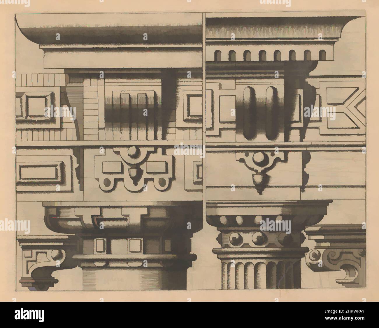 Art inspired by Two Tuscan entablatures and two consoles, Architectura de Oorden Tusschana (series title), Two entablatures in the Tuscan Order. The friezes have triglyphs and metopes. The architrave in the right design is articulated. A console at the bottom left and right. The print, Classic works modernized by Artotop with a splash of modernity. Shapes, color and value, eye-catching visual impact on art. Emotions through freedom of artworks in a contemporary way. A timeless message pursuing a wildly creative new direction. Artists turning to the digital medium and creating the Artotop NFT Stock Photo