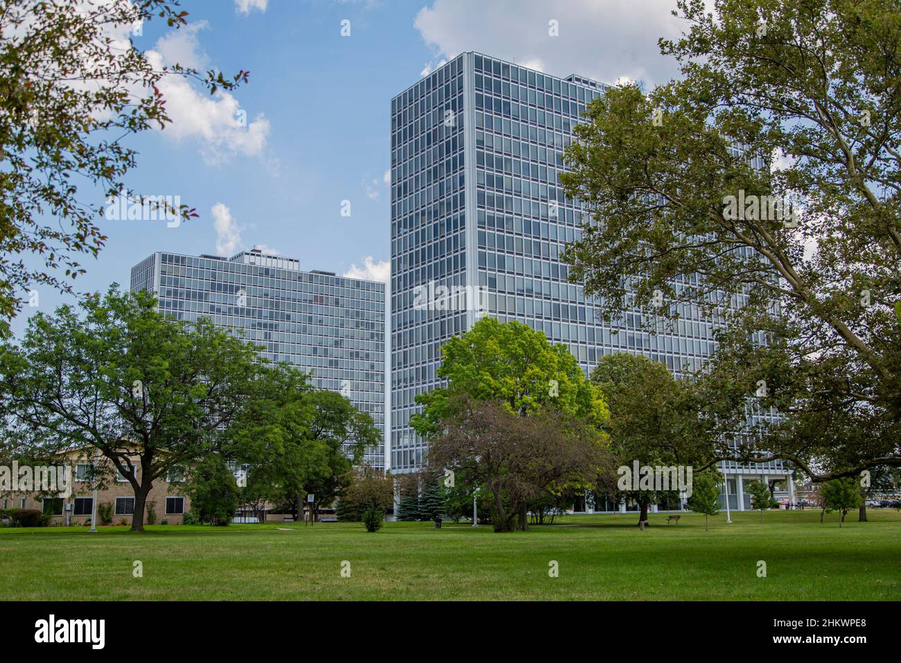 The East and West Lafayette Towers in Lafayette Park in Detroit
