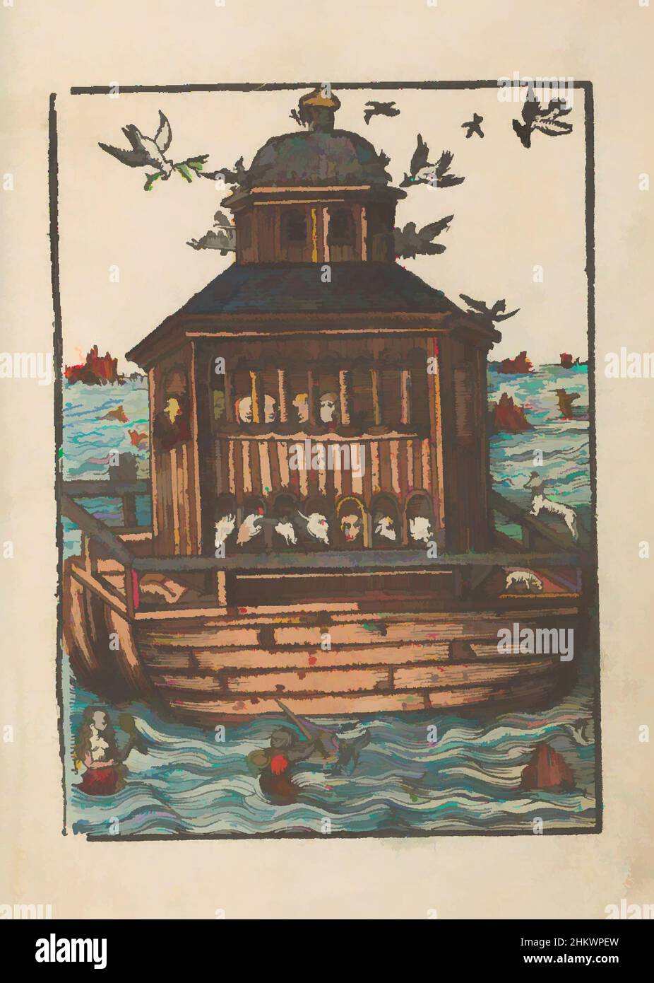 Art inspired by Noah's Ark, Stupid Passion (series title), Noah's ark floats on the waters of the flood. In the water a mermaid and merman. In the sky birds including the dove with a twig. Print is part of a book., print maker:, publisher: Doen Pietersz., Amsterdam, c. 1530, paper, Classic works modernized by Artotop with a splash of modernity. Shapes, color and value, eye-catching visual impact on art. Emotions through freedom of artworks in a contemporary way. A timeless message pursuing a wildly creative new direction. Artists turning to the digital medium and creating the Artotop NFT Stock Photo
