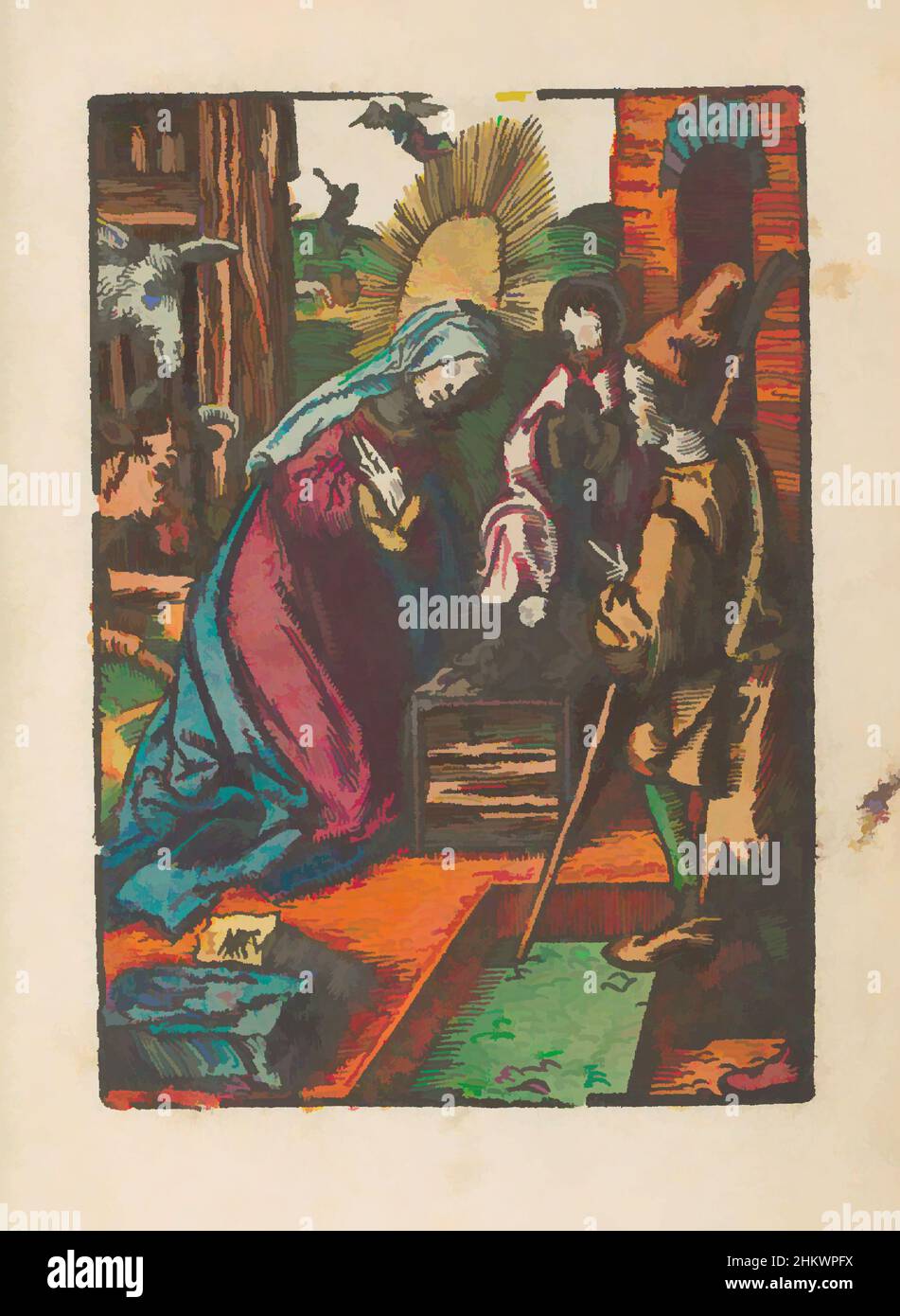 Art inspired by Birth of Christ, The little Passion (series title), Stupid Passion (series title), Mary, Joseph and a shepherd kneeling around the Christ child lying in a wooden manger. On the left, the donkey and the ox. In the background the announcement to the shepherds. Print is, Classic works modernized by Artotop with a splash of modernity. Shapes, color and value, eye-catching visual impact on art. Emotions through freedom of artworks in a contemporary way. A timeless message pursuing a wildly creative new direction. Artists turning to the digital medium and creating the Artotop NFT Stock Photo