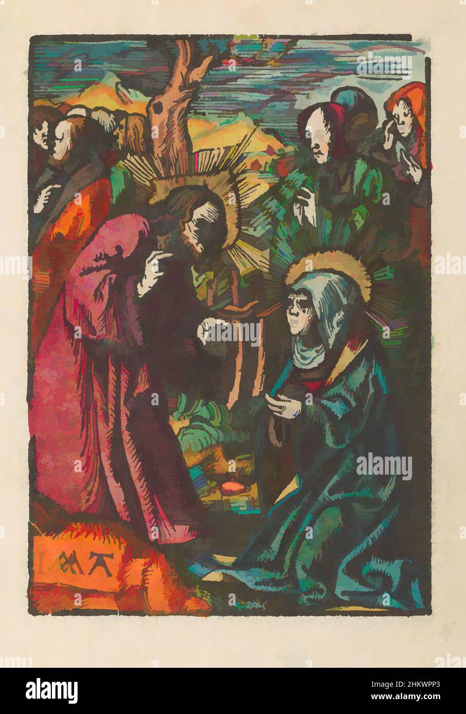 Art inspired by Christ takes leave of his mother, The little Passion (series title), Stupid Passion (series title), Christ takes leave of his mother Mary, who kneels before him. She is followed by two other women. To the left are the disciples. Print is part of a book., print maker, Classic works modernized by Artotop with a splash of modernity. Shapes, color and value, eye-catching visual impact on art. Emotions through freedom of artworks in a contemporary way. A timeless message pursuing a wildly creative new direction. Artists turning to the digital medium and creating the Artotop NFT Stock Photo